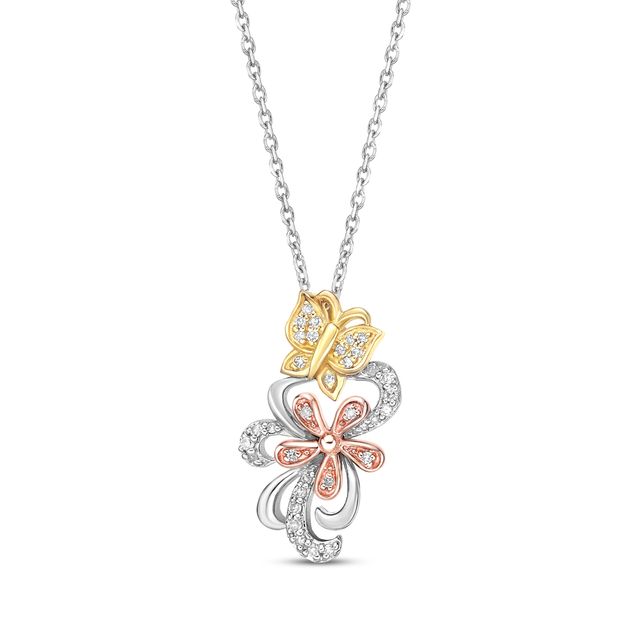 Diamond Flower & Butterfly Necklace 1/8 ct tw 10K Two-Tone Gold & Sterling Silver 18”