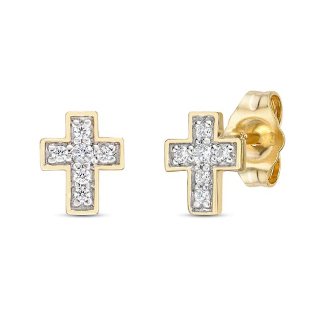 Diamond Cross Stud Earrings 1/10 ct tw Round-Cut 10K Yellow Gold