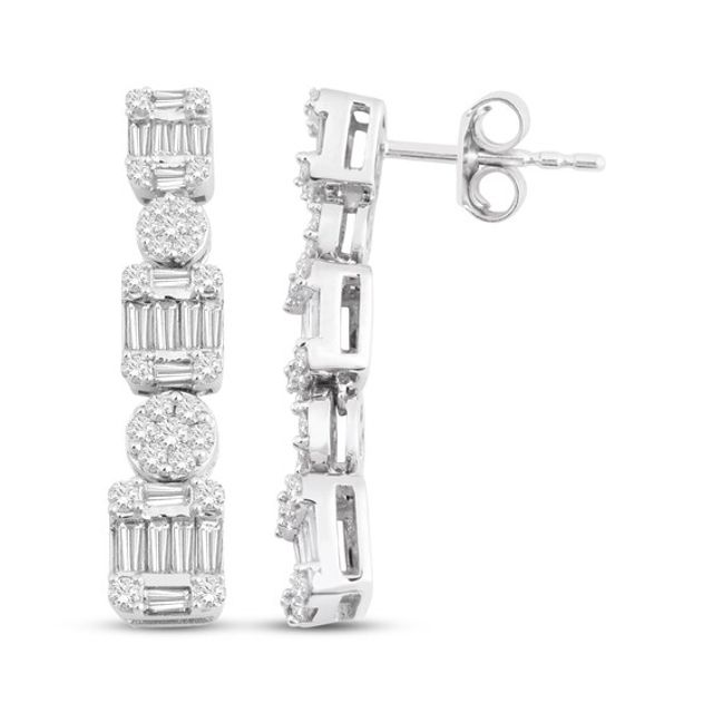 Baguette & Round-Cut Diamond Drop Earrings 1-1/4 ct tw 14K White Gold