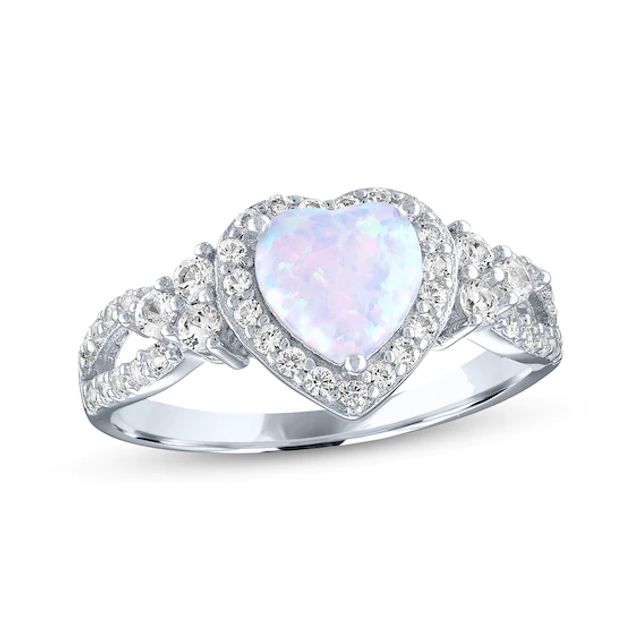 Heart-Shaped Lab-Created Opal & Round-Cut White Lab-Created Sapphire Ring Sterling Silver