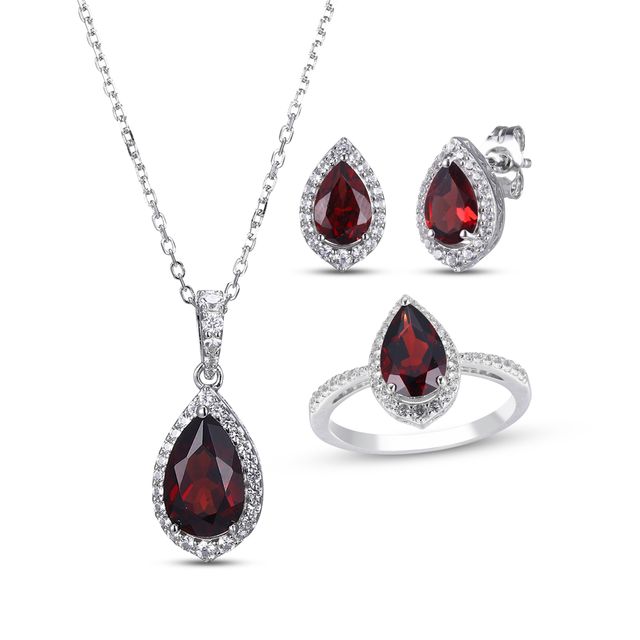 Pear-Shaped Garnet & Round-Cut White Lab-Created Sapphire Stud Earrings, Necklace & Ring Gift Set Sterling Silver 18" - Size 7