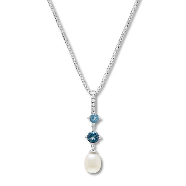 Cultured Pearl/Blue & White Topaz Necklace Sterling Silver
