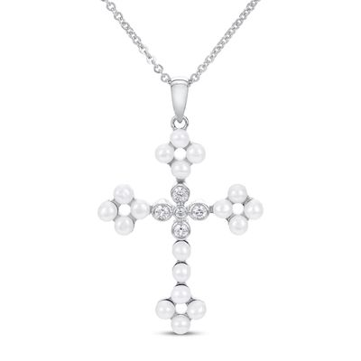 Freshwater Cultured Pearl & White Lab-Created Sapphire Cross Necklace Sterling Silver 19"