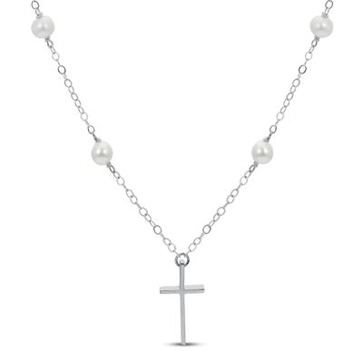 Freshwater Cultured Pearl Cross Necklace Sterling Silver 19.5"