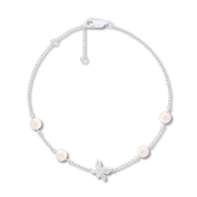 Cultured Pearl & Diamond Bracelet Sterling Silver 7.5"