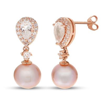 Pink Cultured Pearl & White Topaz Earrings 10K Rose Gold