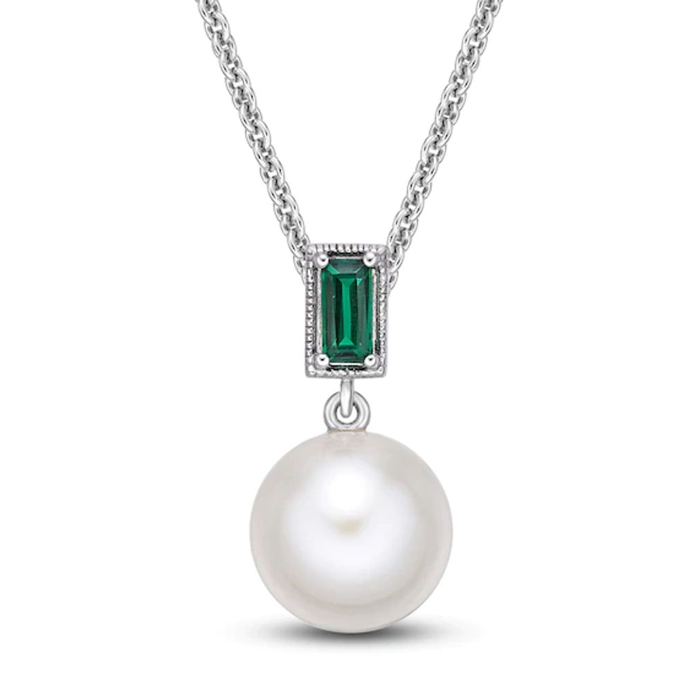 Cultured Pearl & Lab-Created Emerald Necklace Sterling Silver 18"