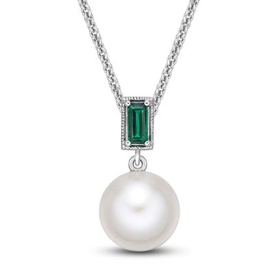 Cultured Pearl & Lab-Created Emerald Necklace Sterling Silver 18"