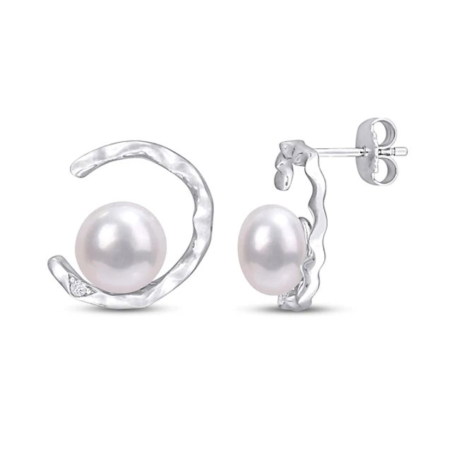 Cultured Pearl & White Lab-Created Sapphire Earrings Sterling Silver