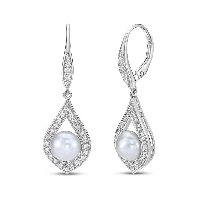 Cultured Pearl & White Lab-Created Sapphire Teardrop Dangle Earrings Sterling Silver