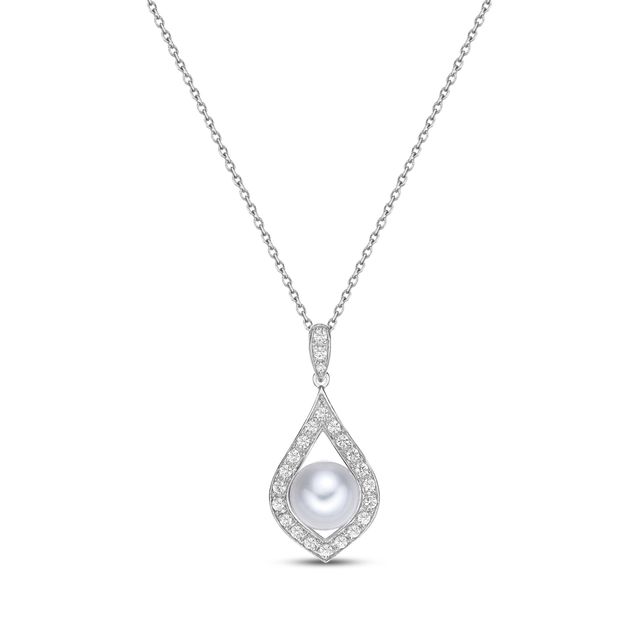 Cultured Pearl & White Lab-Created Sapphire Teardrop Necklace Sterling Silver 18"