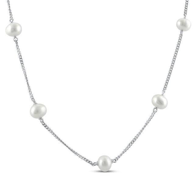Cultured Pearl Station Necklace Sterling Silver 18”
