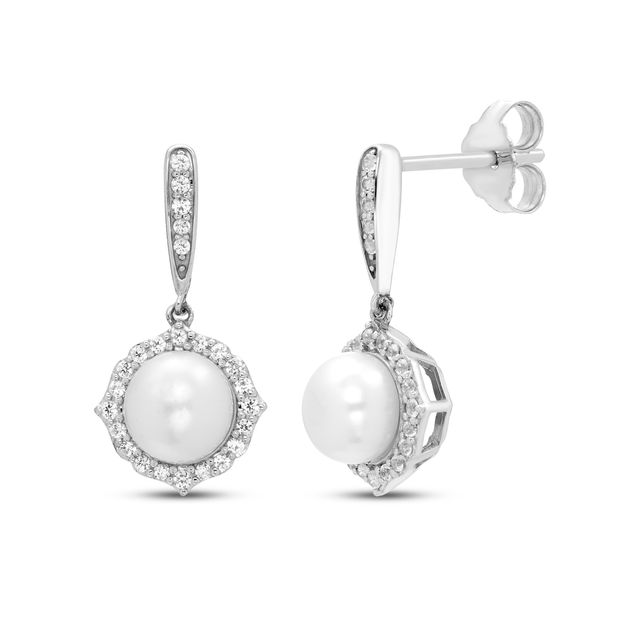 Cultured Pearl & Round-Cut White Lab-Created Sapphire Drop Earrings Sterling Silver