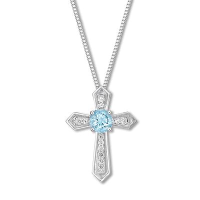 Cross Necklace Aquamarine/White Topaz Sterling Silver