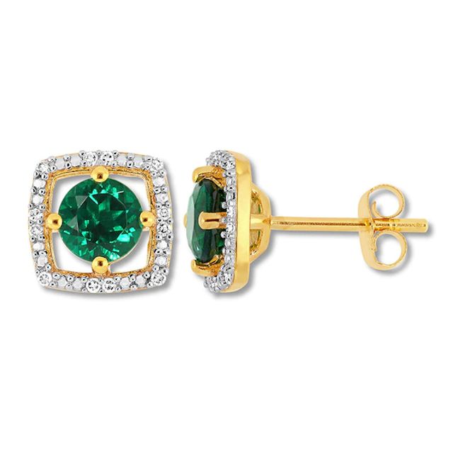 Lab-Created Emerald Earrings 1/15 cttw Diamonds 10K Yellow Gold