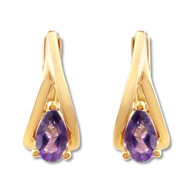 Amethyst Huggie Hoop Earrings 10K Yellow Gold