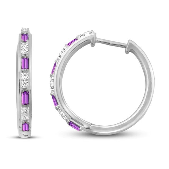 Amethyst & White Lab-Created Sapphire Hoop Earrings Sterling Silver