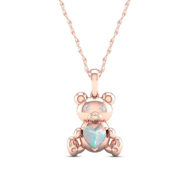 Opal & Diamond Teddy Bear Necklace 1/20 ct tw 10K Rose Gold 18"