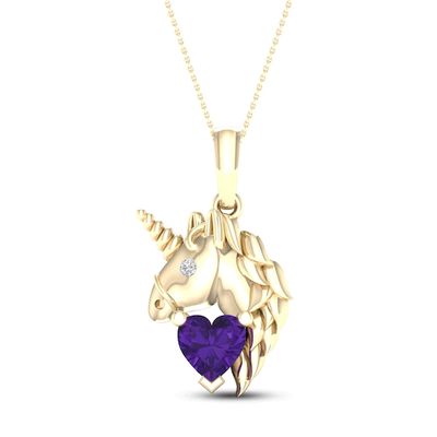Amethyst & Diamond Unicorn Necklace 10K Yellow Gold 18"