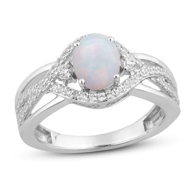 Lab-Created Opal & White Lab-Created Sapphire Ring Sterling Silver