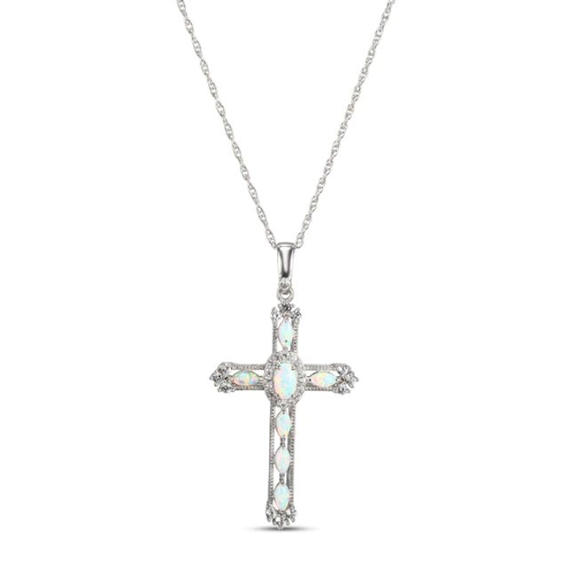 Lab-Created Opal & White Lab-Created Sapphire Cross Necklace Sterling Silver 18"