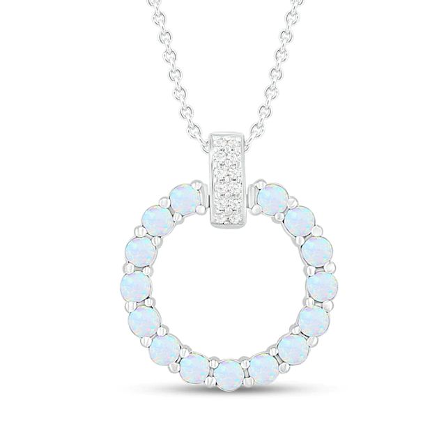 Lab-Created Opal & White Lab-Created Sapphire Circle Necklace Sterling Silver 18"