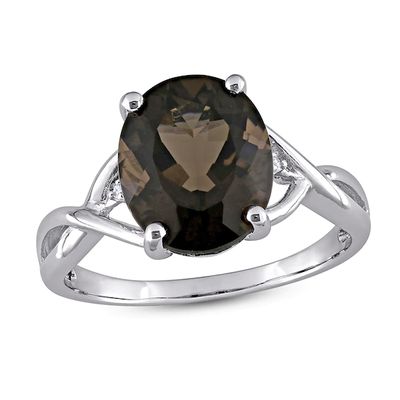 Smoky Quartz & Diamond Ring Round-Cut Sterling Silver