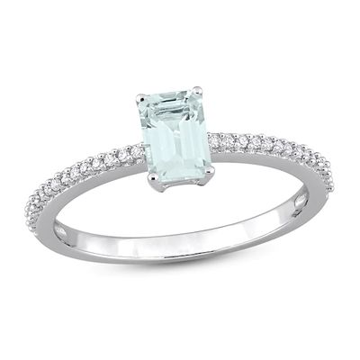 Aquamarine & Diamond Ring 1/15 ct tw Emerald/Round-Cut 10K White Gold