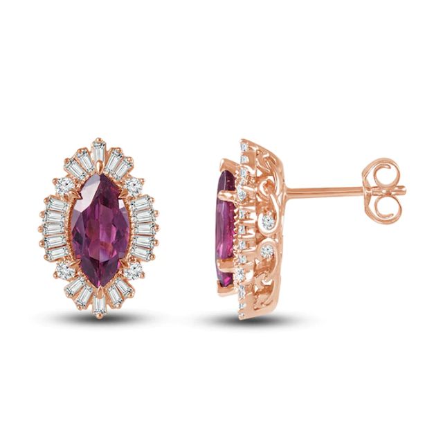 Rhodolite & Diamond Earrings 5/8 ct tw Marquise/Baguette/Round-Cut 14K Rose Gold