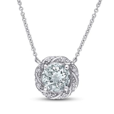 Aquamarine & Diamond Necklace 1/8 ct tw Round-Cut 10K White Gold 17"