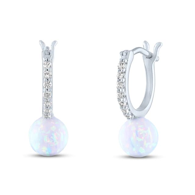 Lab-Created Opal & White Lab-Created Sapphire Hoop Earrings Sterling Silver