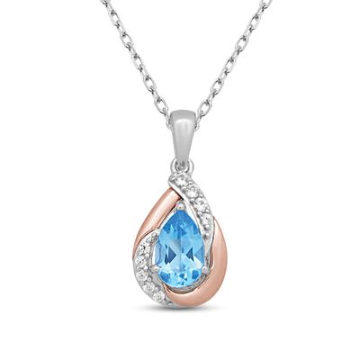 Swiss Blue Topaz & White Lab-Created Sapphire Necklace Sterling Silver & 10K Rose Gold 18"