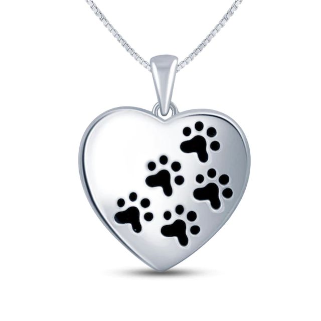 Black Onyx Paw Print Heart Necklace Sterling Silver 18"