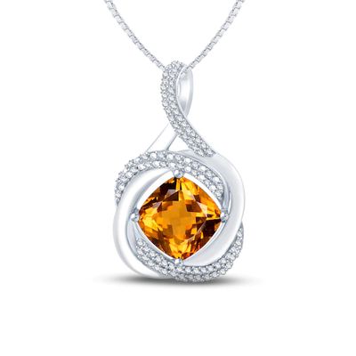 Citrine & Diamond Necklace 1/6 ct tw Round-cut Sterling Silver 18"