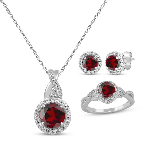 Round-Cut Garnet & White Lab-Created Sapphire Gift Set Sterling Silver - Size 7