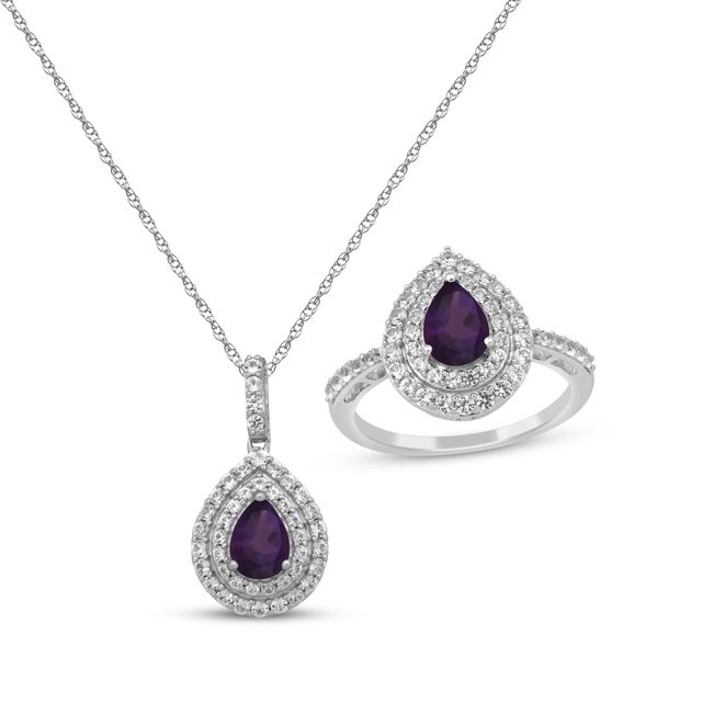 Pear-Shaped Amethyst & White Lab-Created Sapphire Gift Set Sterling Silver - Size 7