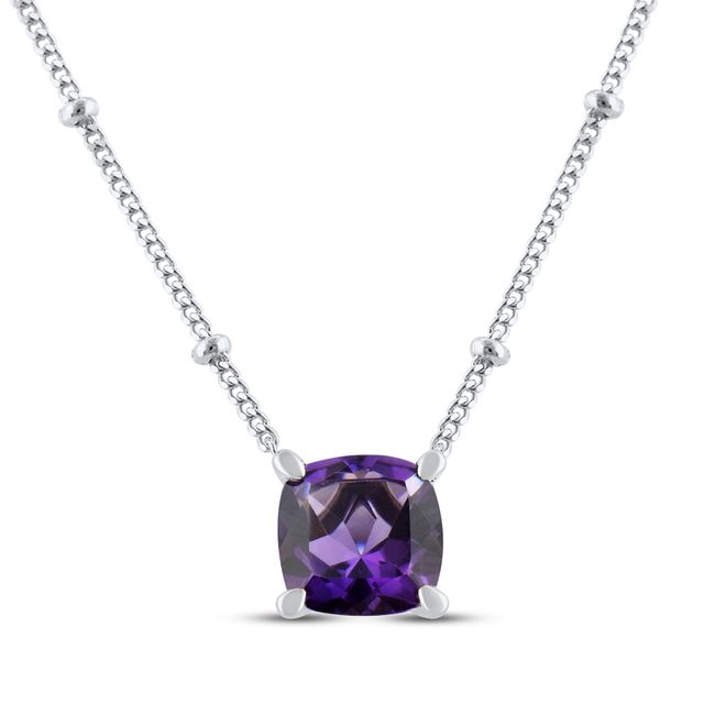 Cushion-Cut Amethyst Solitaire Necklace Sterling Silver 17”