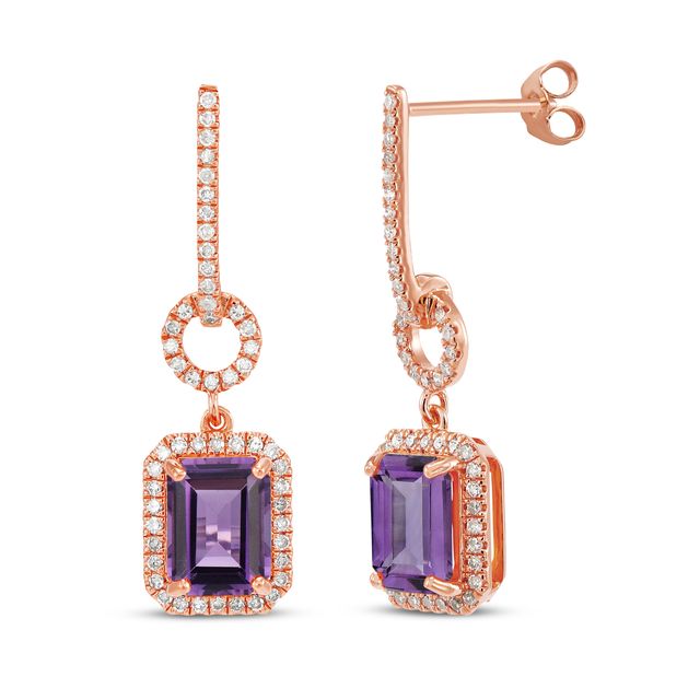 Emerald-Cut Amethyst & Round-Cut White Lab-Created Sapphire Door Knocker Earrings 10K Rose Gold