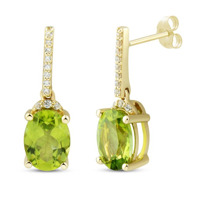 Oval-Cut Peridot & Round-Cut Diamond Drop Earrings 1/15 ct tw 10K Yellow Gold