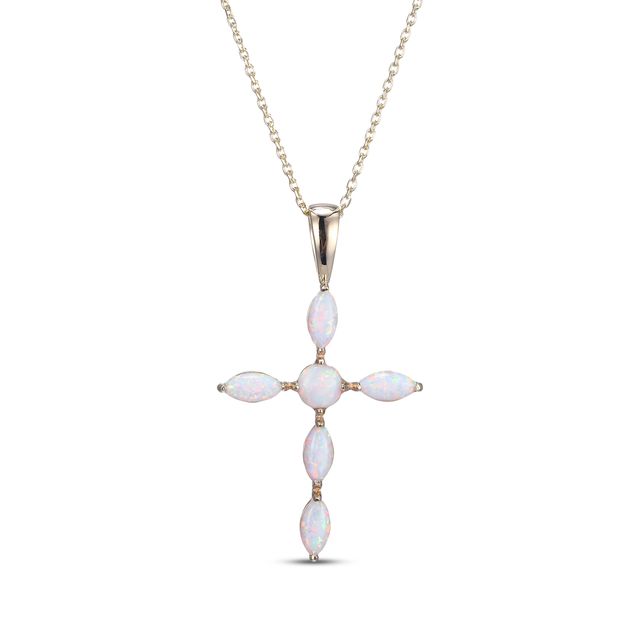 Marquise & Round-Cut Lab-Created Opal Cross Necklace 10K Yellow Gold 18”