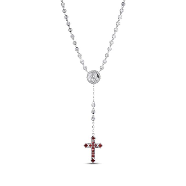 Square & Round-Cut Garnet & White Lab-Created Sapphire Rosary Necklace Sterling Silver 18”