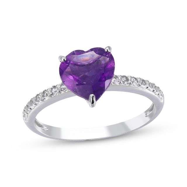 Heart-Shaped Amethyst & Round-Cut White Lab-Created Sapphire Ring Sterling Silver