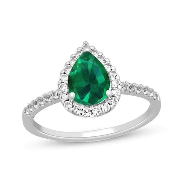 Lab-Created Emerald & White Lab-Created Sapphire Pear Ring Sterling Silver