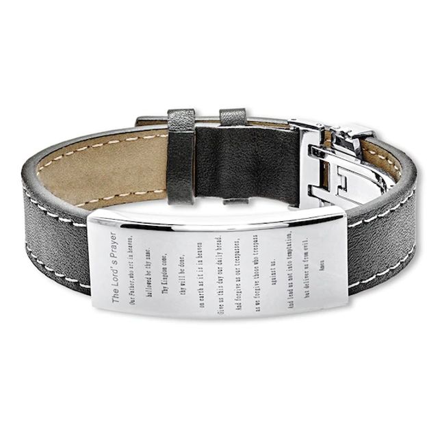 Men's Lord's Prayer Bracelet Leather/Stainless Steel 9"