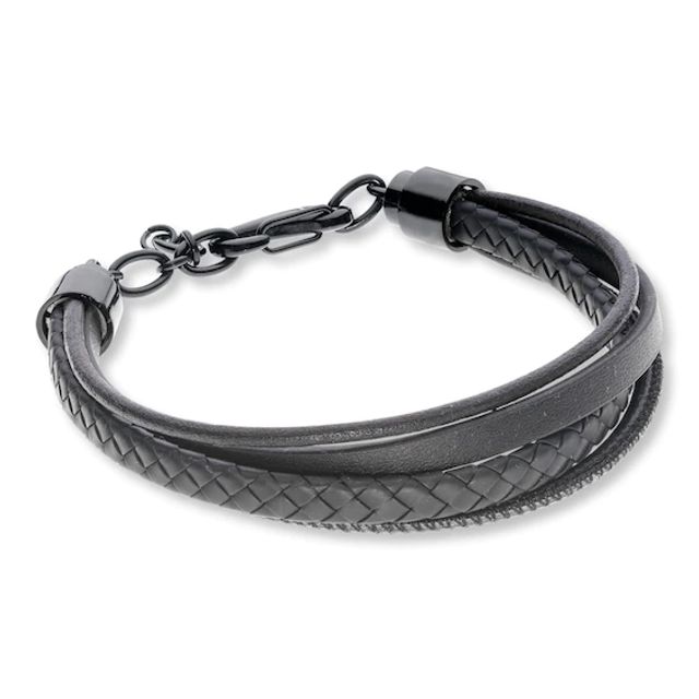 Men's Bracelet Black Leather & Stainless Steel 8.5"