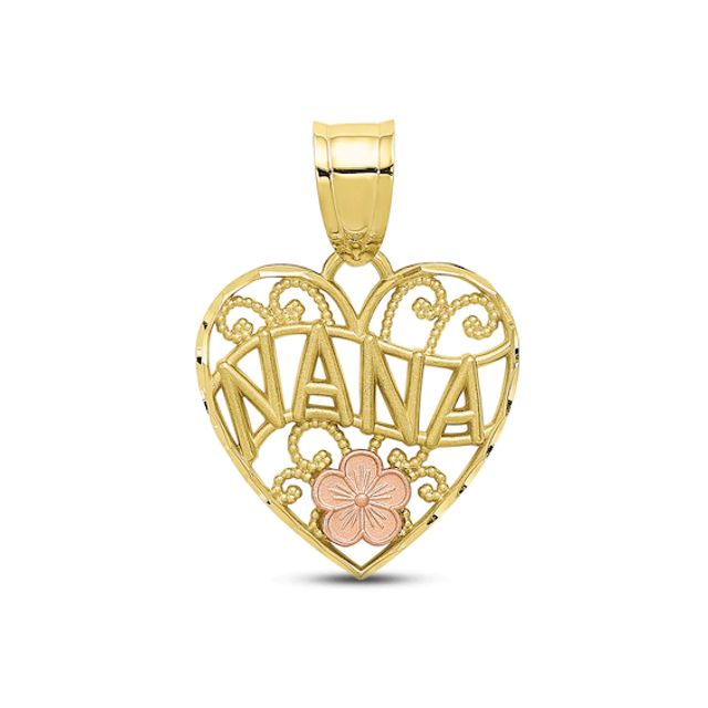 "Nana" Flower Heart Charm 10K Two-Tone Gold