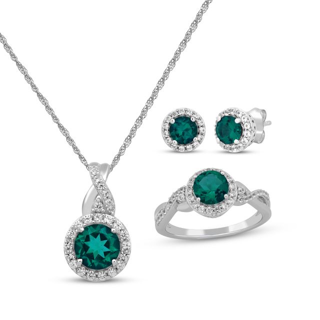 Lab-Created Emerald & White Lab-Created Sapphire Gift Set Sterling Silver - Size 7