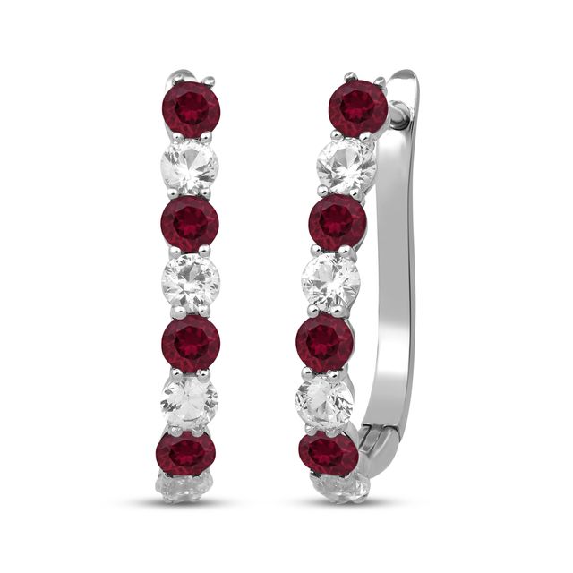 Round-Cut Lab-Created Ruby & White Lab-Created Sapphire Hoop Earrings Sterling Silver