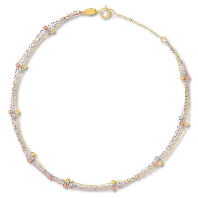 Textured Bead Anklet 10K Tri-Color Gold 10"