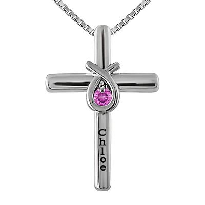 Round Birthstone Cross Teardrop Necklace (1 Stone and Line)